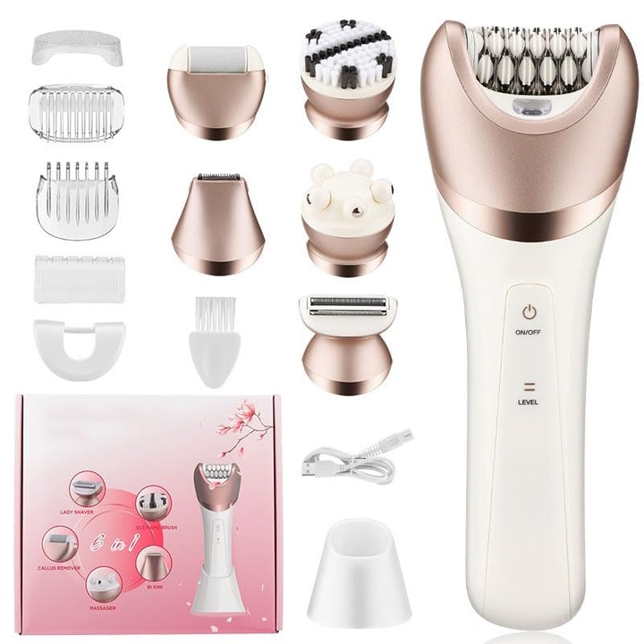 Епилатор, 6 в 1, водоустойчив, електрически, безжичен, за лице и тяло, 1400mAh, бял