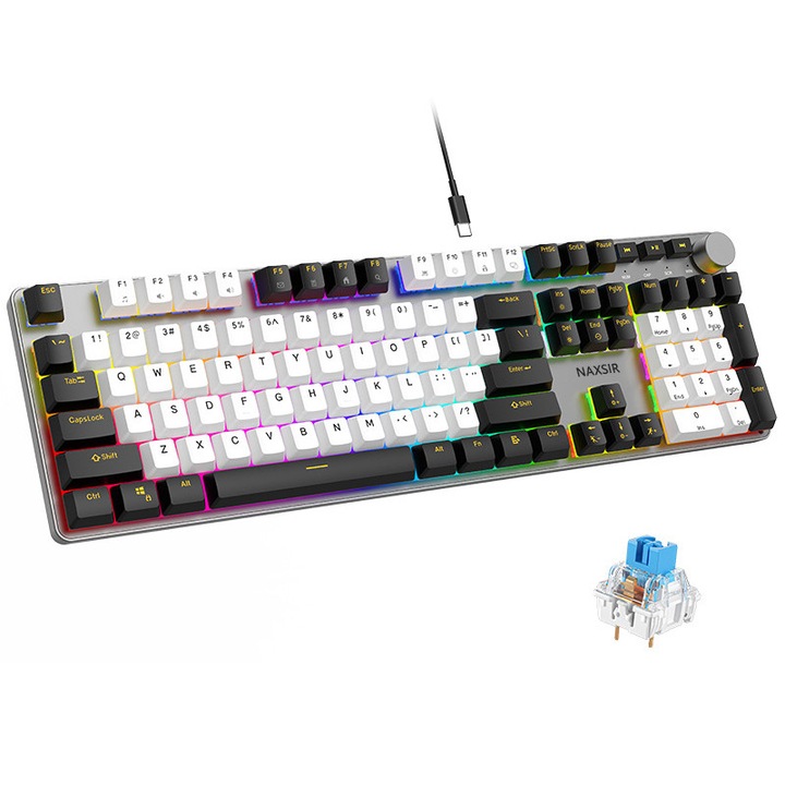 Геймърска механична клавиатура NAXSIR, 107 клавиша, регулируеми LED светлини, бяло/черно