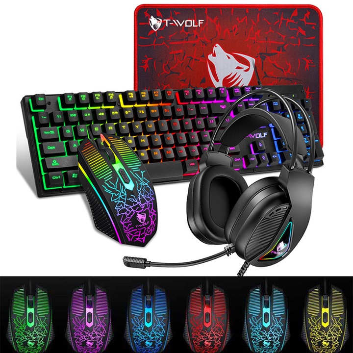 Set Gaming 4 in 1, ZYNORO, Tastatură mecanică, mouse, căști, mousepad, RGB, Negru