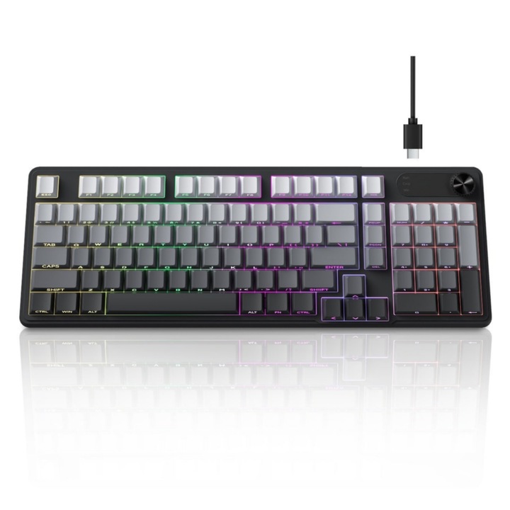 Vezeték nélküli mechanikus billentyűzet, RGB, vízálló, 98%-os elrendezés, fekete, gaming