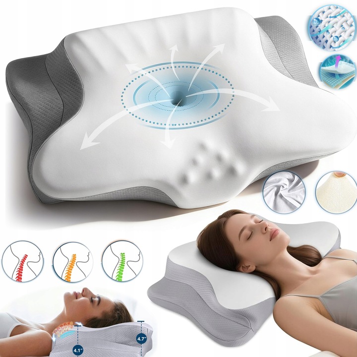 Perna ortopedica pentru dormit, Spuma cu Memorie ergonomica pentru Gat si Suport Cervical, Perna racoritoare, Husa lavabila, Ideala pentru dormitul lateral, spate sau stomac, beneficii medicale, pachet pentru ochi obositi si un somn confortabil