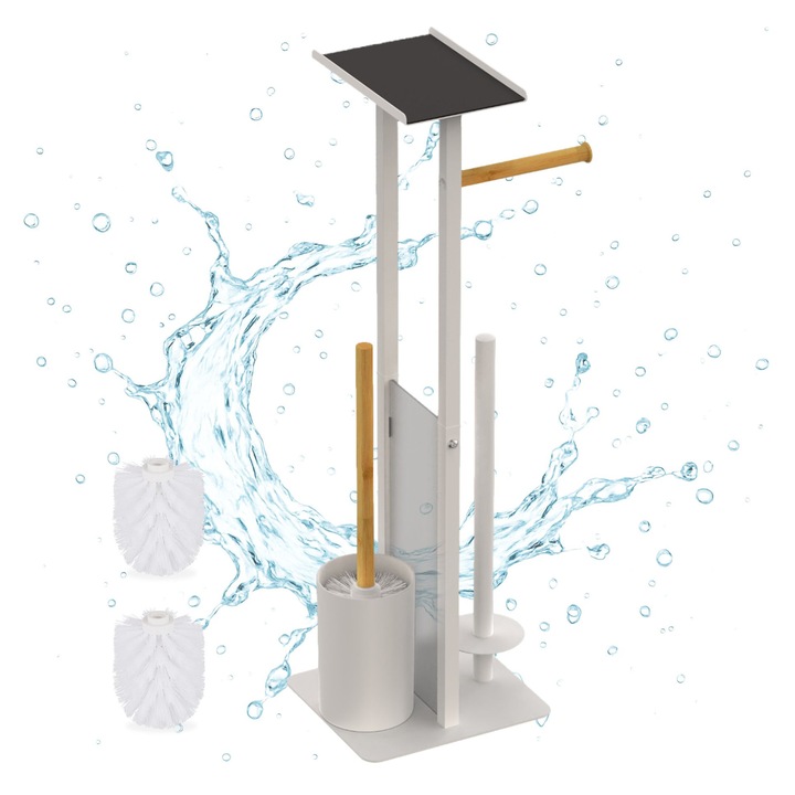 Стойка за тоалетна хартия Relaxdays, 65 x 21 x 18 см, метал/бамбук, резервна хартия, четка за тоалетна + 2 резервни, Бял