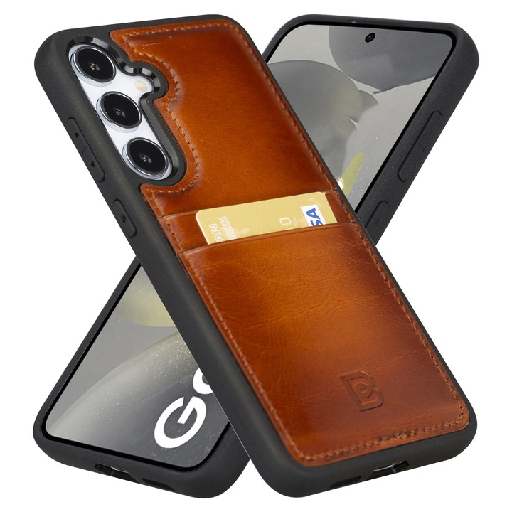 Калъф за Samsung Galaxy S25 Plus, Bouletta Flex Cover CCP, тънка естествена кожа, мека TPU рамка, заден капак с джобове за карти, цвят Кафяв - Burnished tan