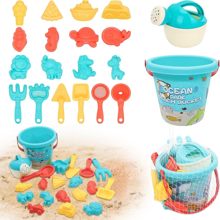 20 darabos homokozó játékszett vödörrel, hálós zsákban, többszínű