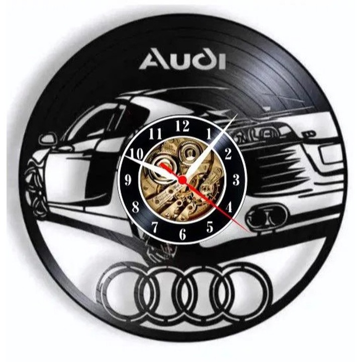Стенен Часовник Audi, Спортен Дизайн на Суперкола, Ръчно Изработен от Рециклирана Винилова Плоча, Подарък за Автомобилни и Моторни Спортове, 30x30 см