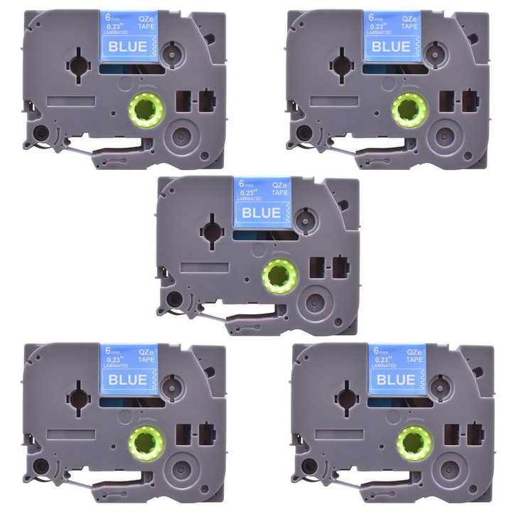 Pachet 5 bucati banda laminata etichete compatibila Brother TZe-515, 6 mm alb pe albastru
