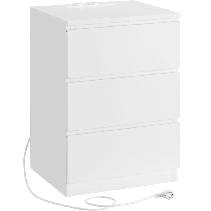 Noptiera cu 3 sertare, din PAL, cu 2 prize si 2 porturi USB, 40x35x59 cm, alb