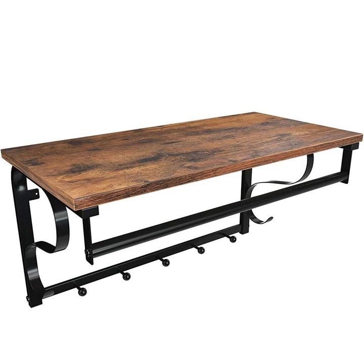 Cuier de perete cu raft de depozitare si sina, 5 carlige, 30x60x32 cm, maro rustic