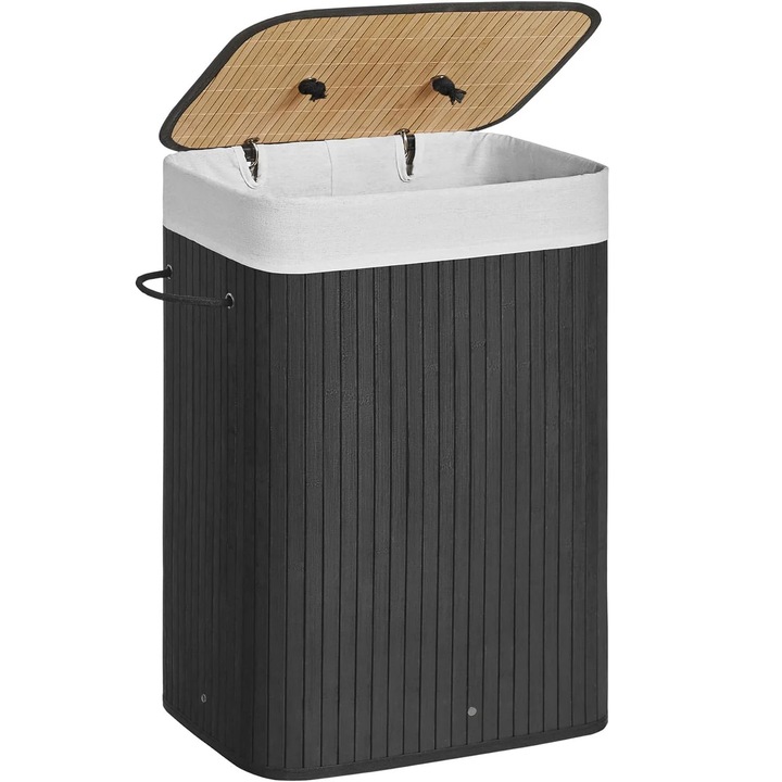 Кош за пране от бамбук, сгъваем, с подвижна перяща се подплата, 72л, 40x30x60см, черен
