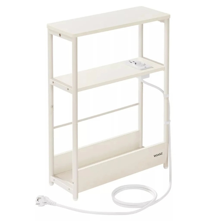 Тясна масичка с контакт и USB портове за зареждане, 3 рафта, 45x18x58 см, кремаво бял