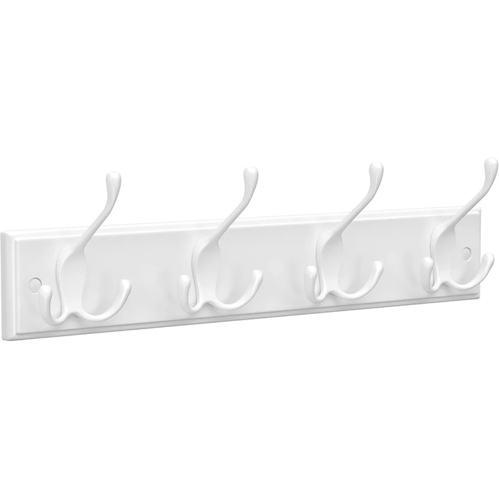 Cuier perete cu 4 carlige triple, MDF si aliaj zinc, 40x11 cm, alb