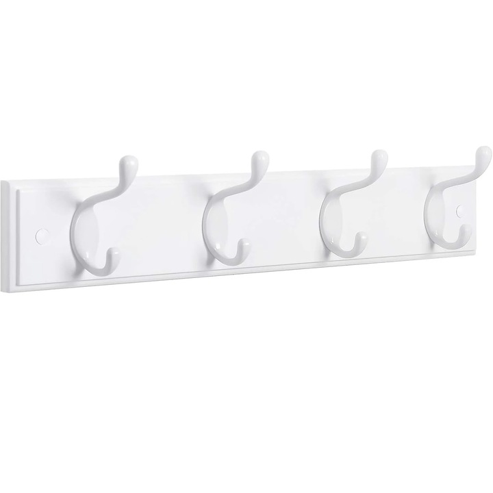 Закачалка за стена с 4 двойни метални куки, MDF, стенен монтаж, 40x8 см, бял