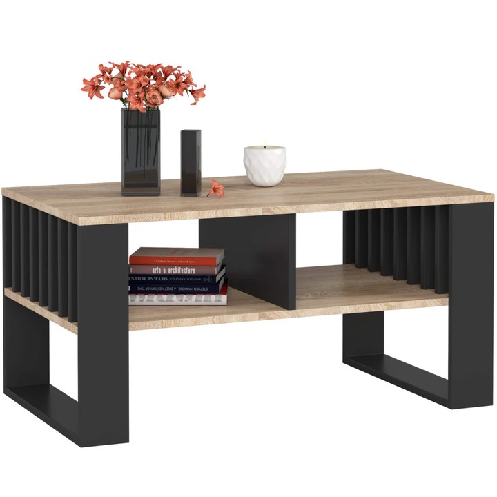 Masuta cafea pal cu raft inferior practica, 92x53x45 cm, design modern, stejar sonoma negru