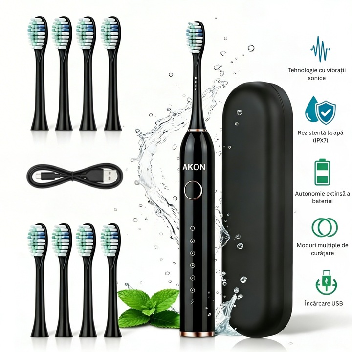 Periuta de dinti electrica sonica AKON® pentru adulti si copii, 40000 pulsatii/min, 6 moduri inteligente, 3 niveluri intensitate, baterie 800mAh, incarcare USB-C, IPX7, 8 capete soft, toc de calatorie, Negru