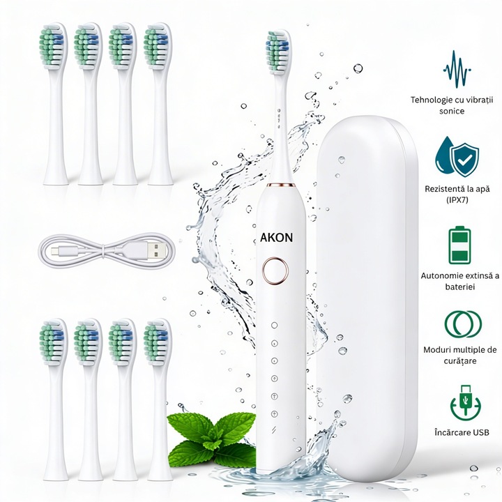 Periuta de dinti electrica sonica AKON® pentru adulti si copii, 40000 pulsatii/min, 6 moduri inteligente, 3 niveluri intensitate, baterie 800mAh, incarcare USB-C, IPX7, 8 capete soft, toc de calatorie, Alb