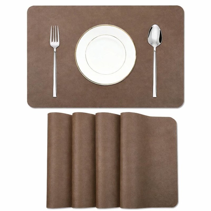 Set 4 suporturi de masă din piele ecologica, maro închis, termoizolante și impermeabile, 18x12inci (45x30cm)