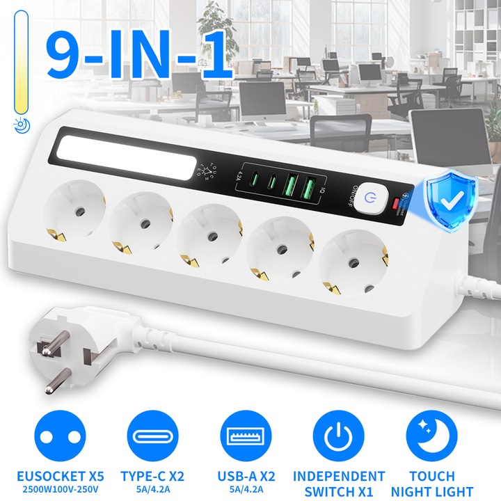 Prelungitor 8-in-1, Tressino, 5 prize, 2 USB-A, 2 USB-C (5V, 4.2A), 2500W/10A, 110V-250V, Buton ON/OFF, Protectie la supratensiune, Protectie copii, Cu LED, Lumina de veghe, Pentru Casa/Birou, 1.8m, 25.4 × 10.2 × 7.5 cm, Alb