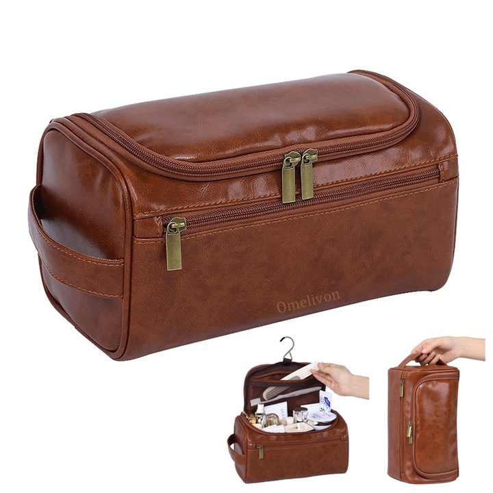 Geanta Cosmetica Premium Voiaj, Pentru Barbati si Femei, Impermeabila, cu carlig de hangar, Capacitate Mare, Compartimentare Multifunctionala, 25x14x13 cm, Maro