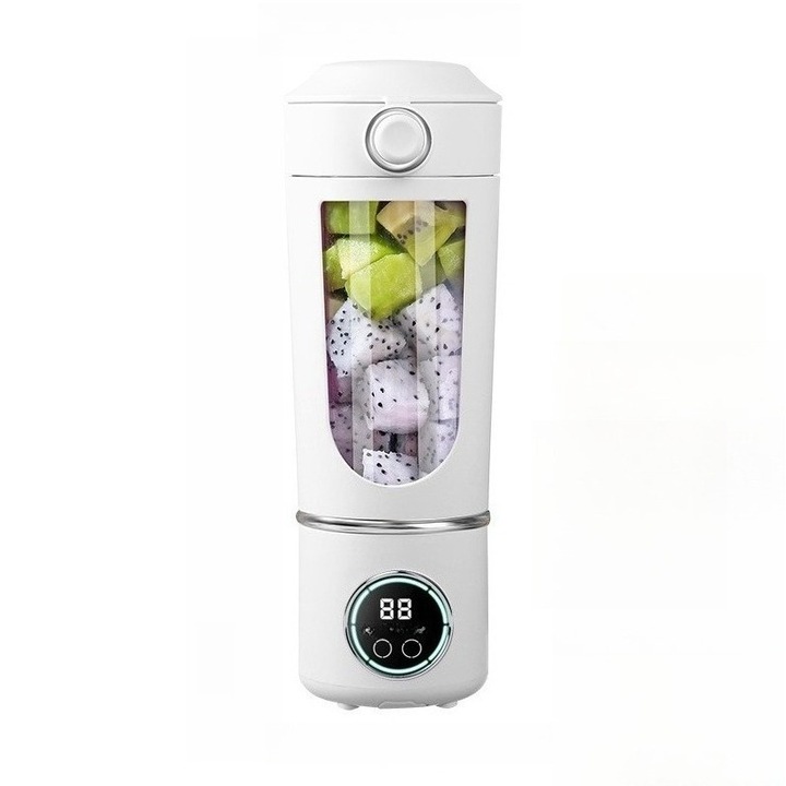 Blender Portabil Capacitate 700ml, 12 Lame 3D din Otel Inoxidabil, Baterie 1500mAh, Incarcare USB-C, Portabil pentru Fructe si Legume, Ideal pentru Sala de Sport, Birou si Calatorii, Alb, Cu ecran de afisare, baterie incorporata