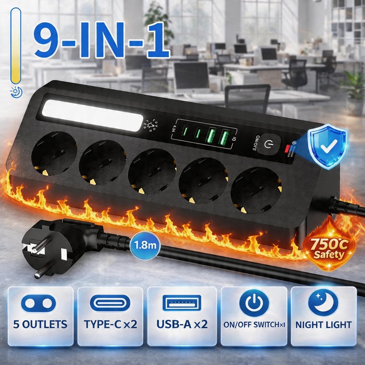 Разклонител 9-в-1, Tressino, 5 контакта, 2 USB-A, 2 USB-C (5V, 4.2A), 2500W/10A, 110V-250V, Бутон ON/OFF, Защита от пренапрежение, Защита за деца, с LED, Нощна лампа, Кухня, Всекидневна, Спалня, 1.8м, 25.4 × 10.2 × 7.5 см, Черен