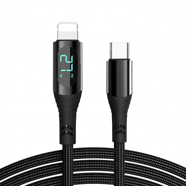 Cablu USB‑C la Lightning, Incarcare Rapida 27W PD, cu Afisaj LED Putere, Testat 20.000 indoituri, Material Textil Premium, Transfer Date 480Mbps, Compatibil iPhone 14/13/12/11/X/8/7/6s, AirPods, 1m, Negru
