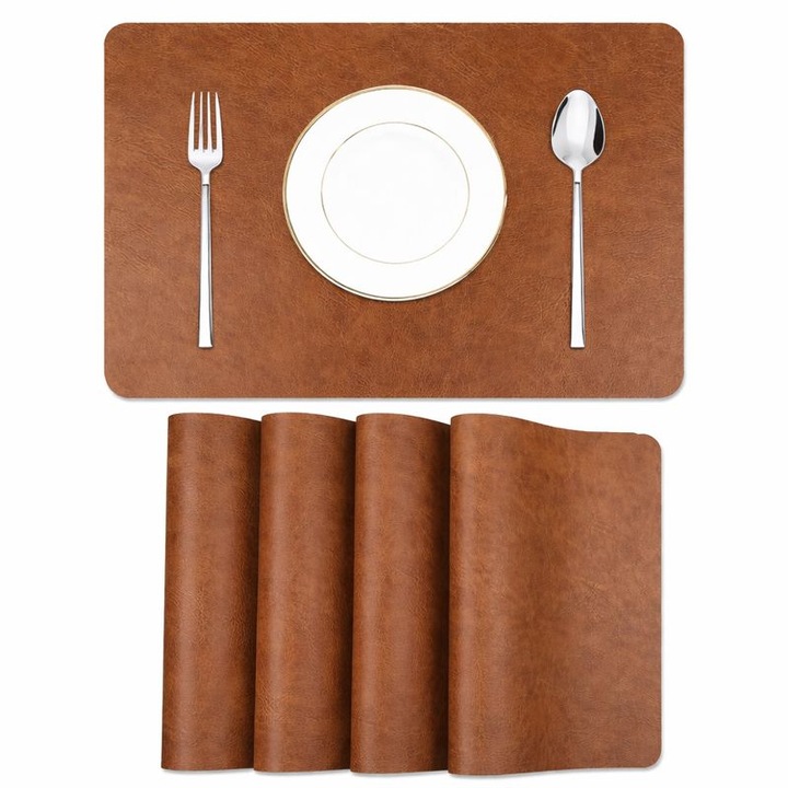 ShuangBo® 4 bucati suporturi de masa din piele vintage, impermeabile, rezistente la ulei si caldura, usor de curatat, suport pentru farfurii in mese occidentale de uz casnic, de culoare maro inchis
