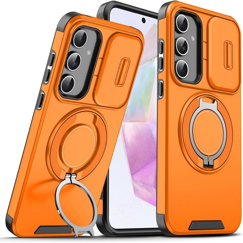 Husa de protectie pentru Samsung Galaxy S24, compatibila Magsafe, Hybrid Antisoc, Bumper inel rotativ 360-Portocaliu