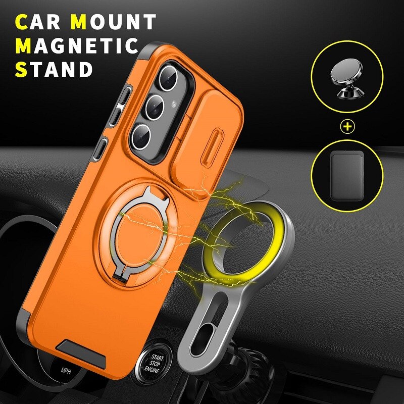 Husa de protectie pentru Samsung Galaxy S24, compatibila Magsafe, Hybrid Antisoc, Bumper inel rotativ 360-Portocaliu