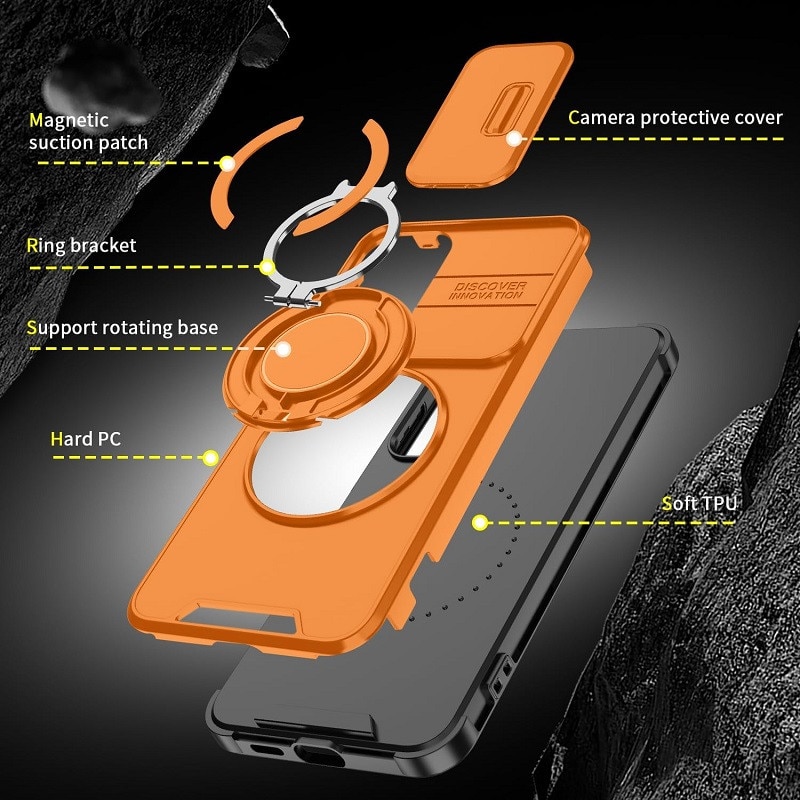 Husa de protectie pentru Samsung Galaxy S24, compatibila Magsafe, Hybrid Antisoc, Bumper inel rotativ 360-Portocaliu