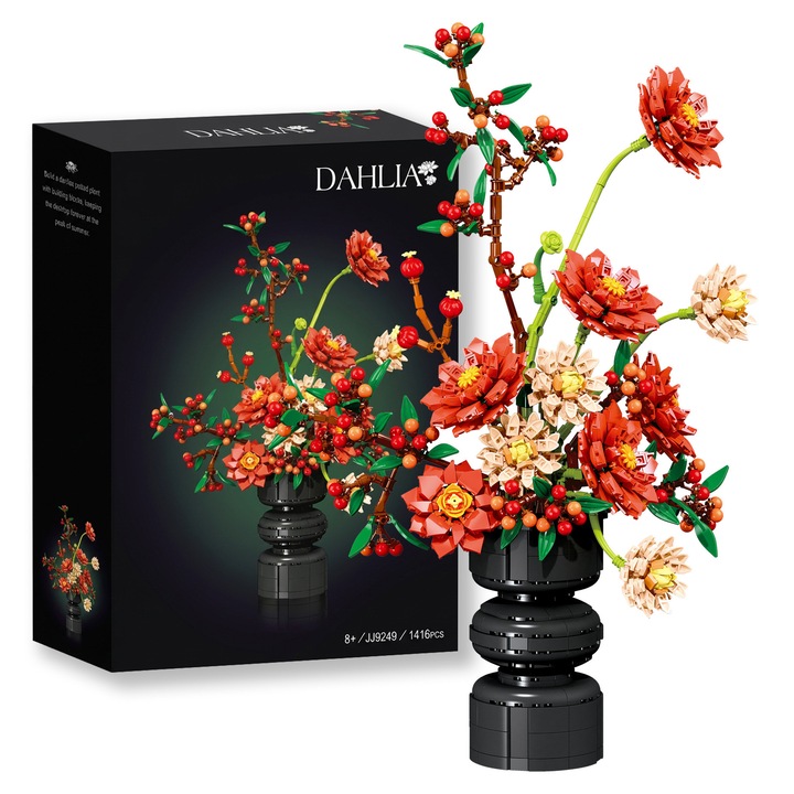 Set de constructie flori, Excitat®, 1416 piese, dalie, include vaza, flowers trandafiri, compatibil cu LEGO, cadou de ziua de nastere, cadou festiv, ABS, 32x47x20cm, rosie