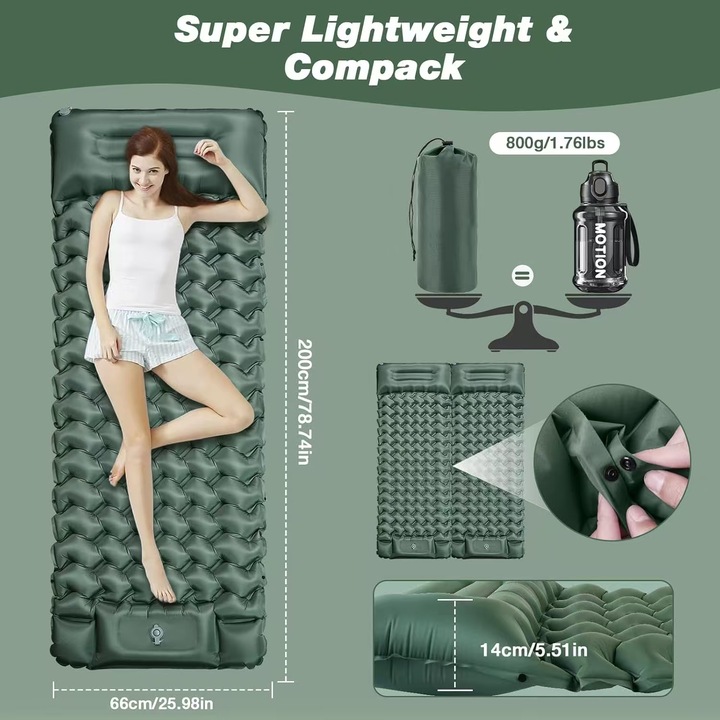Надуваем дюшек, Bedee, 200x66см, за къмпинг, Вградена крачна помпа, Бърз и лесен, Качествени материали, с чанта за носене, Водоустойчив, Зелен