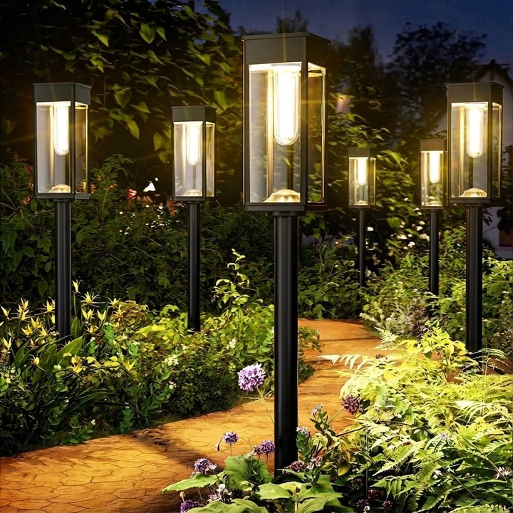 Set 6 Lumini Solare pentru Cai Exterioare Leccik® Luminoase Impermeabile, Iluminat Peisaj Gradina pentru Curte Terasa Alei Trotuar Drum Acces, Lumina Calda Cub LED Auto Pornire/Oprire, Lumini Solare Decorative Rezistente Apa Ecologice Durabile Premium