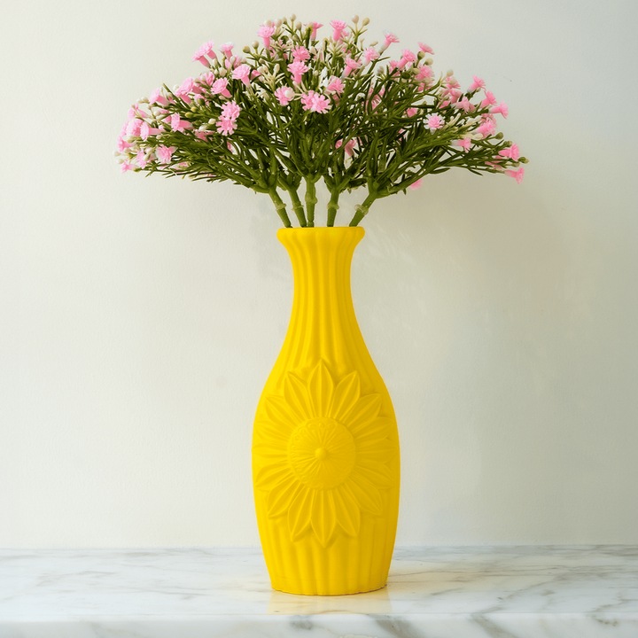 Vaza Decorativa Set Soare Fericit, Flori Tip Margarete Roz, Galbena, 19x8x8cm