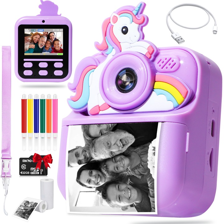 Unicorn Camera instanta pentru copii, Filmare HD 1080P, Ecran 2.4 inch, baterie 1300mAh, Card memorie 32 GB, 4 jocuri, MP3, 2 role pentru printare, USB type-C, pentru varste 3-12 ani, Mov