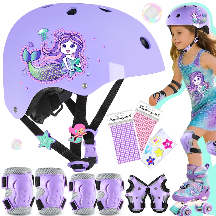 Casca Sirena Protectie Bicicleta Copii, Set Casca Reglabila 7 in 1, 1 casca, 2 genunchiere, 2 cotiere, 2 protectii pentru incheieturi, pentru Ciclism, Patinaj, Skateboard, 3-6 ani, S 48-52cm, Mov