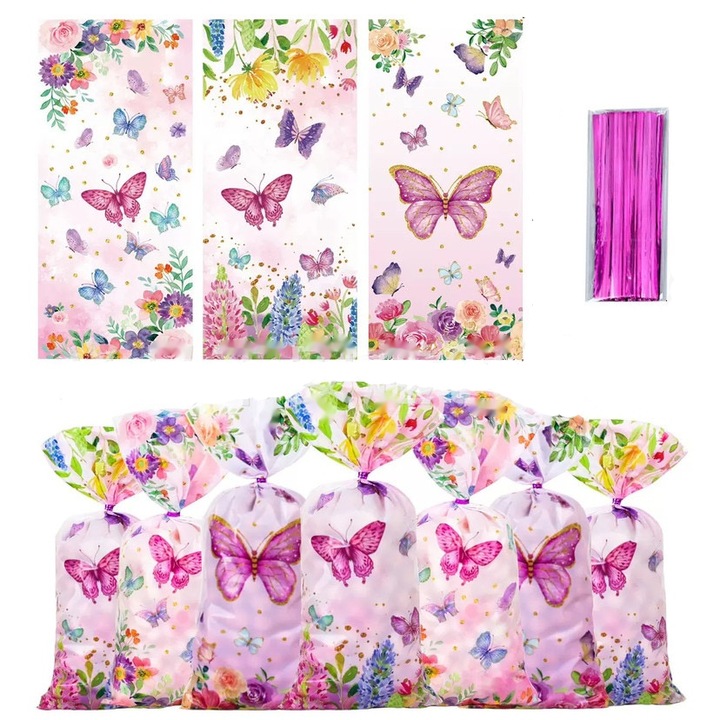 Pungi de cadou set 50 bucati, Kengege®, fluturi roz, 12.5x27.5cm
