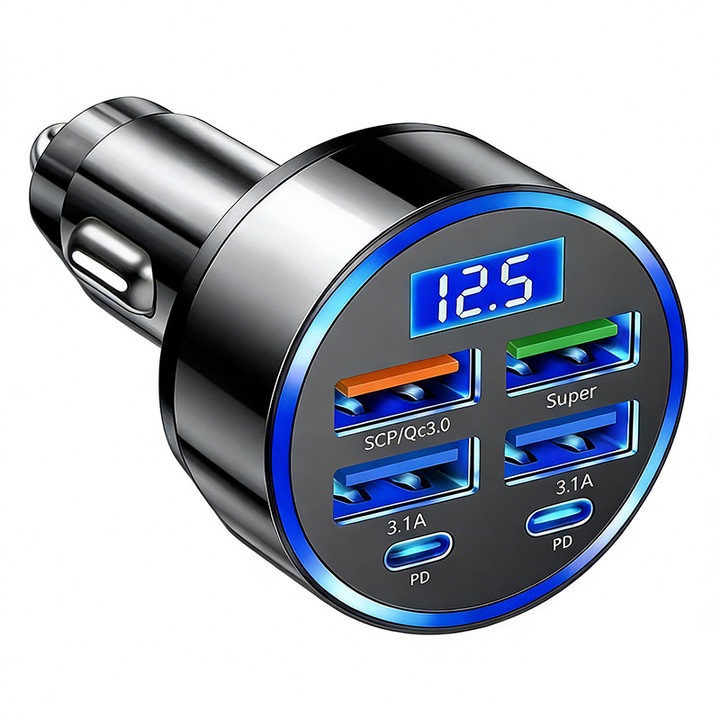 Incarcator Auto Rapid 120W, 6 Porturi USB-C - Cu Monitor LED Tensiune si Compatibilitate iPhone, Samsung, Huawei