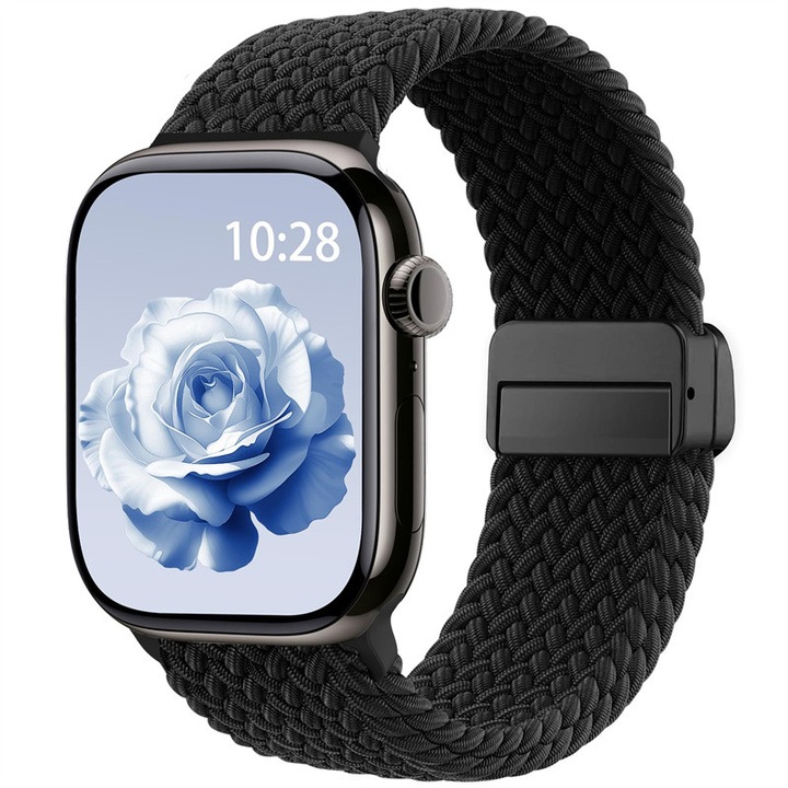 Каишка, съвместима с Apple Watch 38mm 40mm 41mm 42mm 44mm 45mm 46mm 49mm за жени и мъже, магнитна, спортна, Solo Loop от мек найлон за iWatch Series 11 10 9 8 7 6 5 4 3 2 1 SE Ultra, еластична, плетена, черна