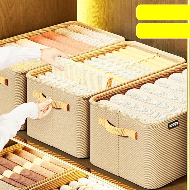 Кутия за съхранение, за дрехи, вещи, от текстил с метална рамка, странични дръжки, правоъгълна форма, 35 x 25 x 22 см, обем 19 л, ефективна организация, спестяване на място, каки