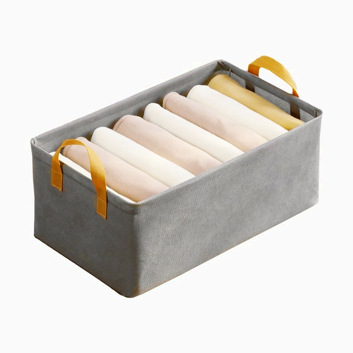 Кутия за съхранение, за дрехи, вещи, текстилна с метална рамка, странични дръжки, правоъгълна форма, 47 x 28 x 20 см, обем 26 л, ефективна организация, спестяване на място, сива