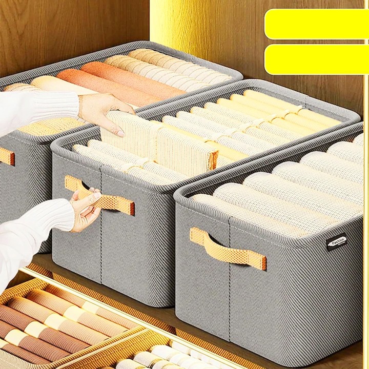 Кутия за съхранение, за дрехи, вещи, от текстил с метална рамка, странични дръжки, правоъгълна форма, 35 x 25 x 22 см, обем 19 л, ефективна организация, спестяване на пространство, сива