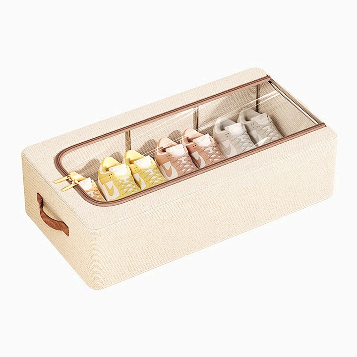 Cutie Depozitare cu Cadru Metalic, pentru Incaltaminte, Haine, Lingerie, Fermoar Calitativ, Fereastra Transparenta, Manere Laterale, organizare eficienta, economisire spatiu, 60 x 30 x 15 cm Bej