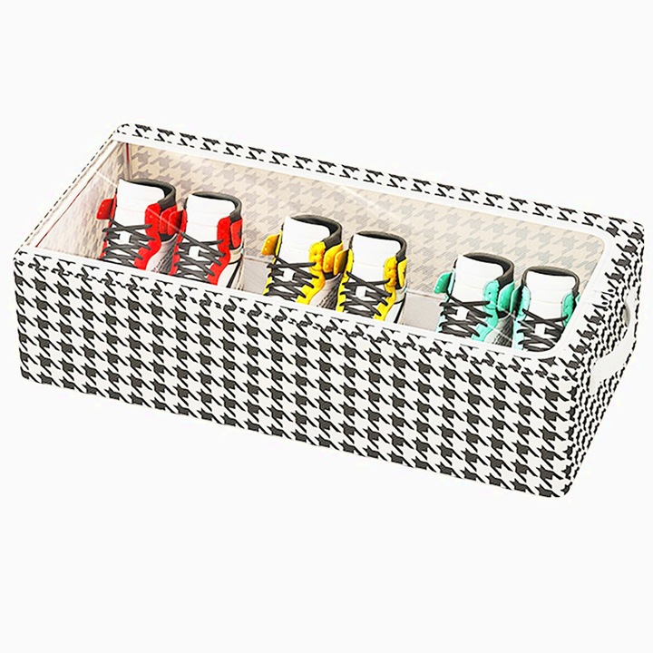 Cutie Depozitare cu Cadru Metalic, pentru Incaltaminte, Haine, Lingerie, Fermoar Calitativ, Fereastra Transparenta, Manere Laterale, 40 x 30 x 15 cm, organizare eficienta, economisire spatiu, Alb Negru