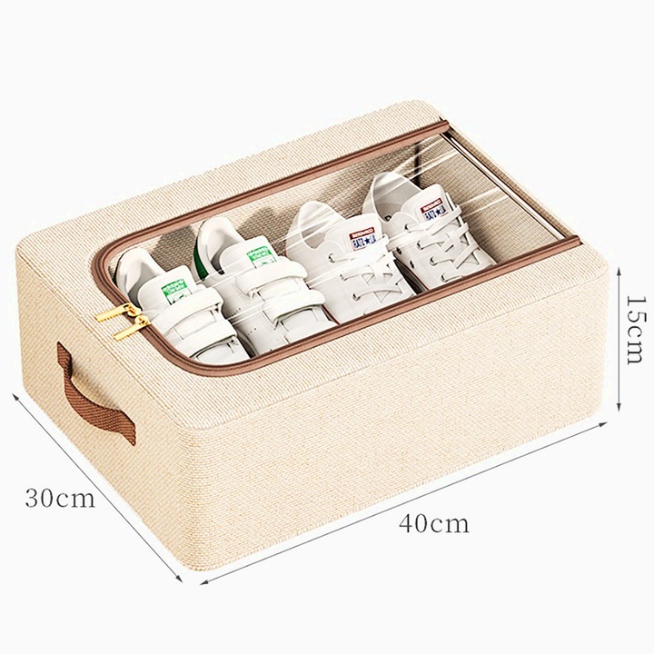 Cutie Depozitare cu Cadru Metalic, pentru Incaltaminte, Haine, Lingerie, Fermoar Calitativ, Fereastra Transparenta, Manere Laterale, organizare eficienta, economisire spatiu, 40 x 30 x 15 cm Bej