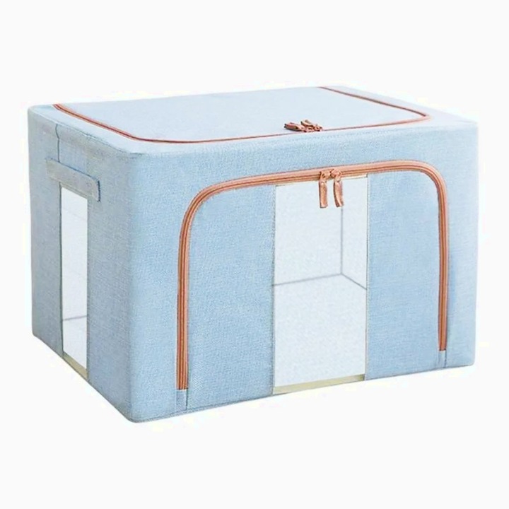 Cutie de Depozitare Pliabila, 66 L, din Bumbac si In, 50x40x33 cm, 2 Ferestre, Frontala si Laterala, 2 Usi de Acces cu Fermoar Bidirectional, Cadru Metalic, Suport Baza Stabil din Plastic, Bleu, organizare eficienta, economisire spatiu