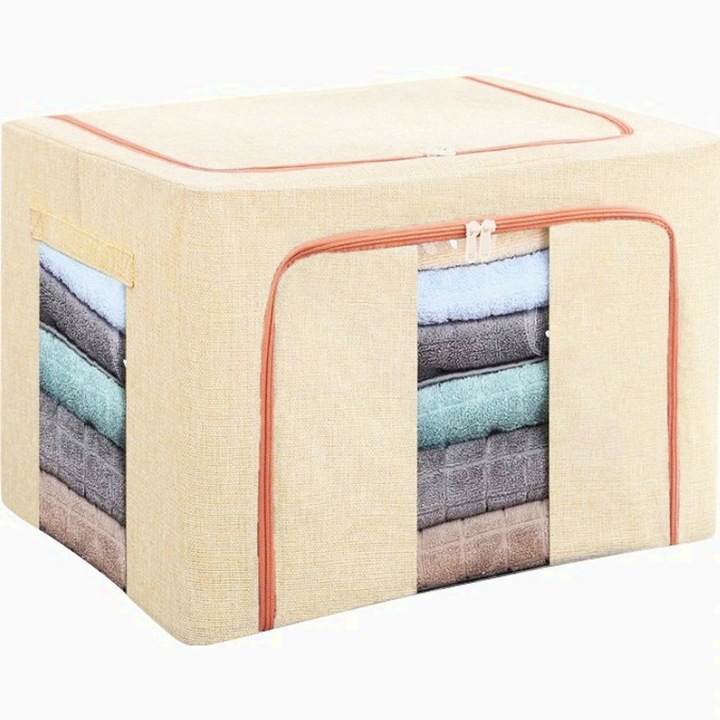 Cutie de Depozitare Pliabila, 66 L, din Bumbac si In, 33x40x50 cm, 2 Ferestre, Frontala si Laterala, 2 Usi de Acces cu Fermoar Bidirectional, Cadru Metalic, Suport Baza Stabil din Plastic, organizare eficienta, economisire spatiu, Roz Pudrat