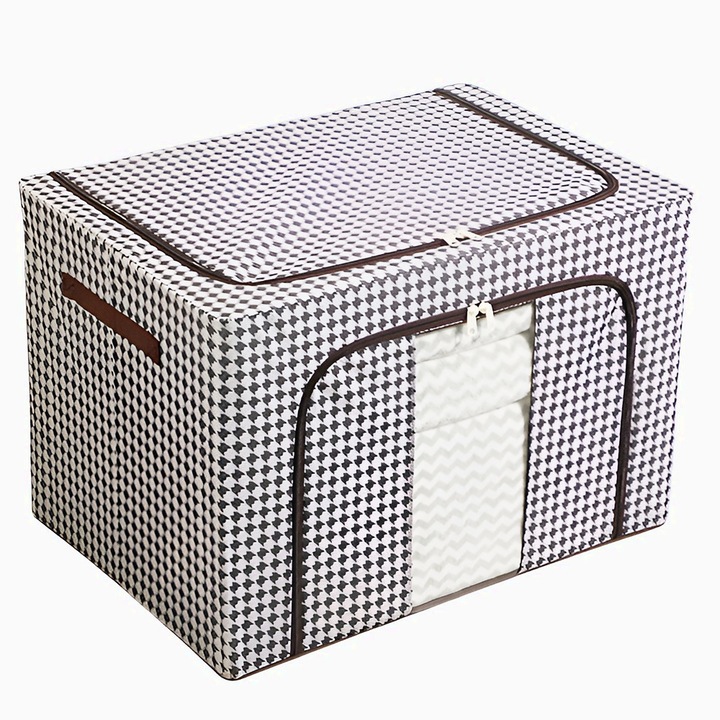 Cutie de Depozitare Pliabila, Cu fermoar Bidirectional, 100 L, Textil, 60x42x40 cm, Cadru Metalic, o Fereastra, Suport Baza Stabil din Plastic, Design Zebra, organizare eficienta, economisire spatiu, Alb Negru