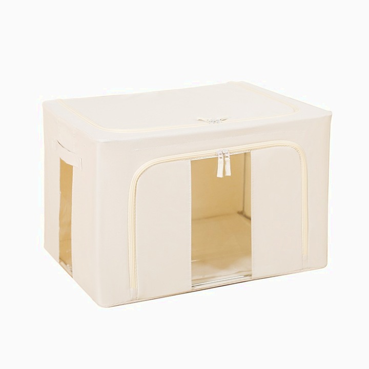 Cutie de Depozitare Pliabila, Cu Fereastra si Fermoar Dublu, 66 L, Textil Premium, 50x40x33 cm, Cadru Metalic, Impermeabila, organizare eficienta, economisire spatiu, Bej