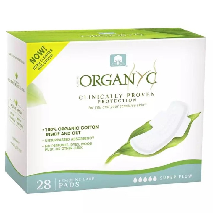 Set 2 x Absorbante din Bumbac Organic, Flux Menstrual Abundent, 4 Pachete x 7 Bucati, Organyc