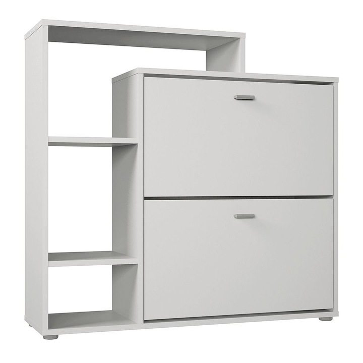 Pantofar DacEnergy©, confectionat din PAL melaminat, un dulap de pantofi cu doua randuri, spatiu de depozitare deschis, 95 x 90 x 28 cm, finisaj alb